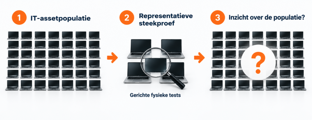 Diagram in drie stappen: een grote IT-assetpopulatie, een representatieve steekproef met gerichte fysieke tests, en de open vraag wat dit zegt over de rest van de populatie