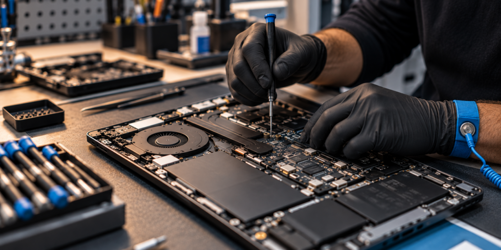 Technicus repareert de binnenkant van een geopende laptop met precisiegereedschap, close-up op moederbord en componenten